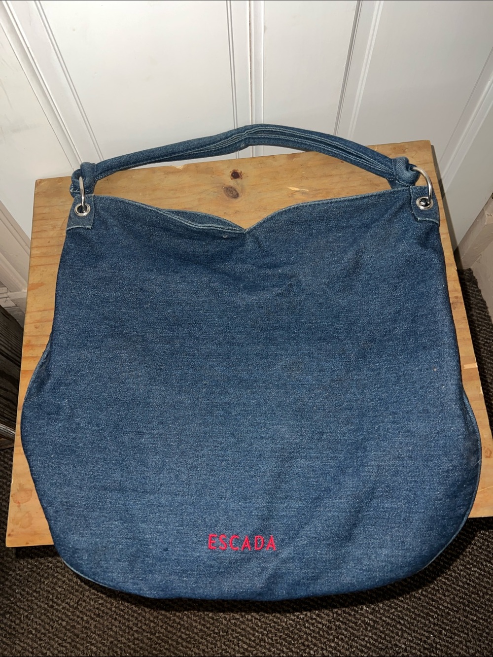 Escada Blue Denim Shoulder Bag with Red Logo